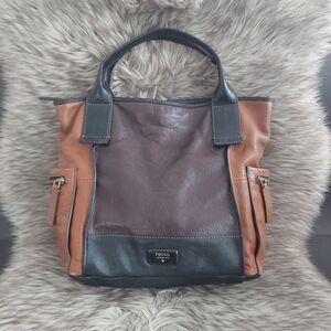 Fossil Emerson Black Brown Leather Top Handle Bag